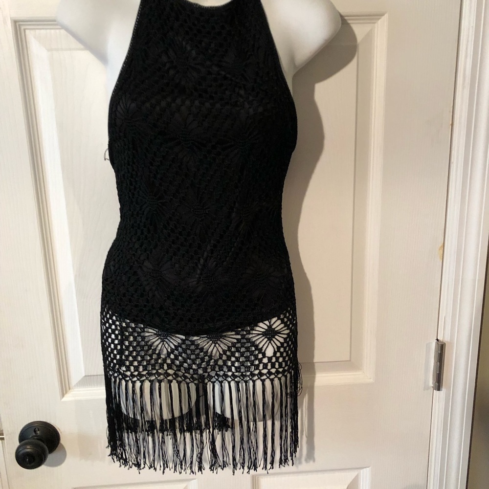 Parallel NWT black knit fringe halter top and skirt